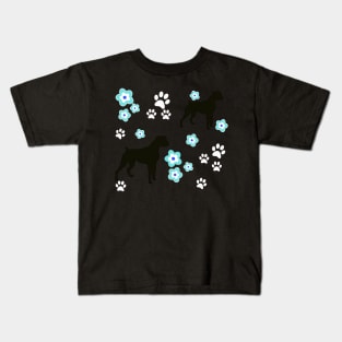 Boxer Dog Silhouette, with Pawprints on Blue Kids T-Shirt